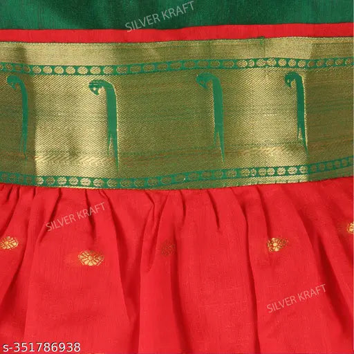 Silver Kraft baby chanderi silk printed frock dress, knee-length, short sleeves, contrasting red silk saree with golden border