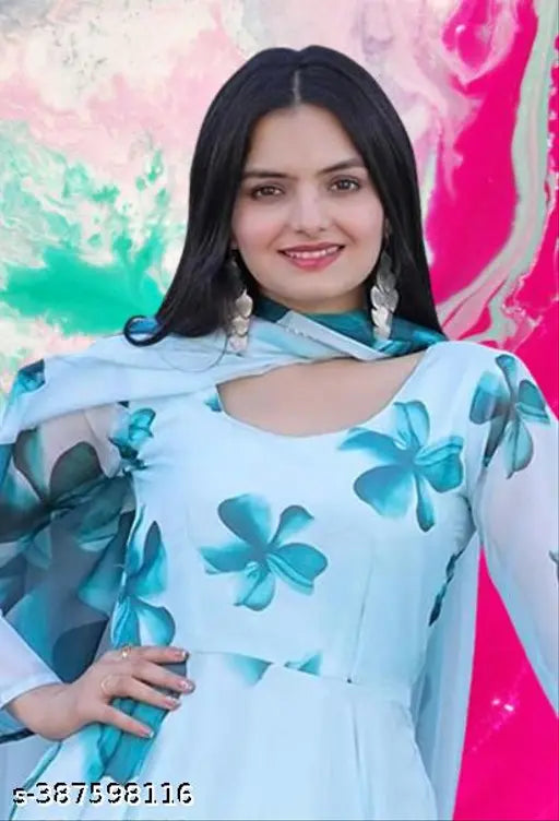 Fashionable red heart print georgette gown set with dupatta, ideal for parties and special occasions