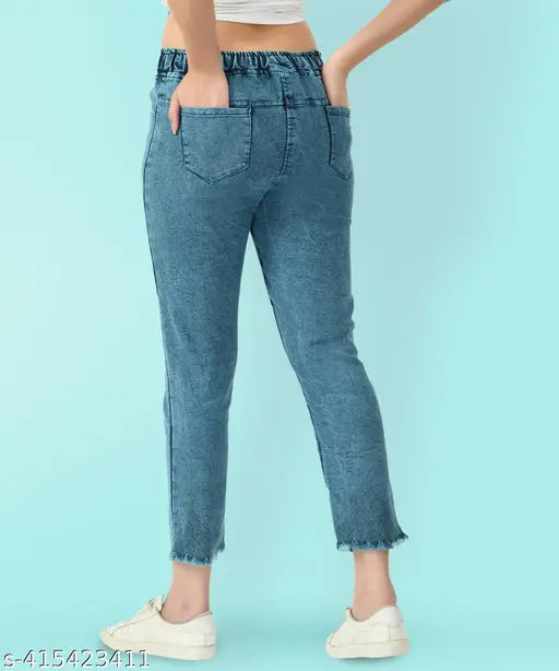 Stretchable premium denim low distress blue jogger jeans for girls, mid-waist, easy-to-carry, Indian manufacturer