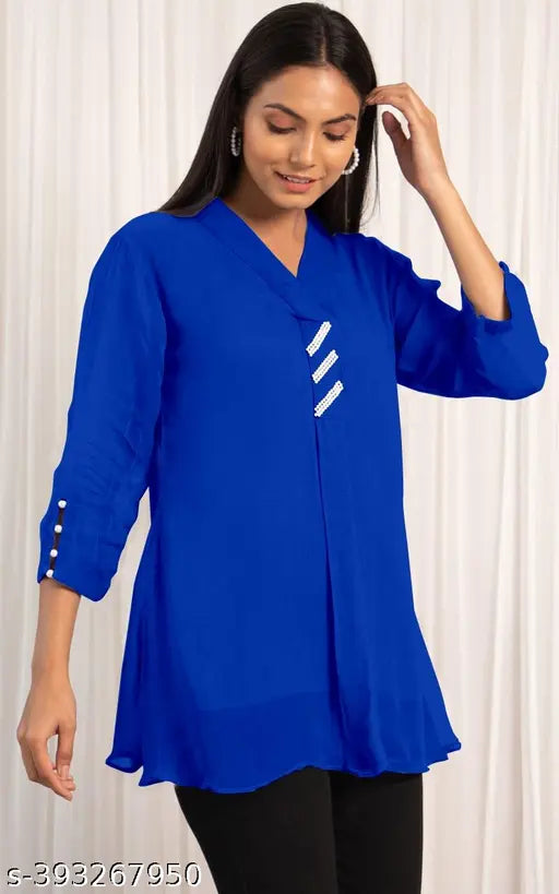 Elegant embroidered net V Neck Georgette Top, premium quality, three-quarter sleeves, available in multiple sizes