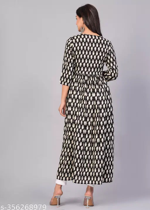 Black viscose rayon printed Naira cut kurta, three-quarter sleeves, Indian designer women's fashion