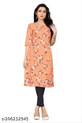 Women's digital printed American crepe straight cut Kurti (Sleeve length: Three-Quarter), single pack from India