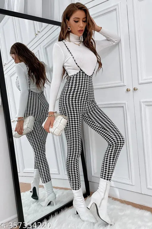 Trendy printed Lycra dungaree for women, long sleeves and high-waisted style