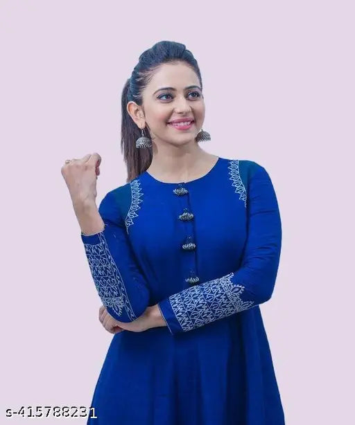 Royal blue rayon anarkali kurti with Rakul print, three-quarter sleeves, India origin