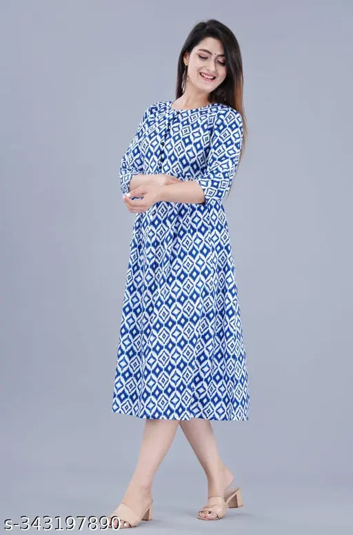New rayon printed Gaither gown, three-quarter sleeves, vibrant combo – size S (36in bust, 47in length)