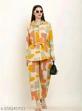 Vibrant Chiko print viscose rayon long-sleeve partywear set, Indian fashion on mannequin