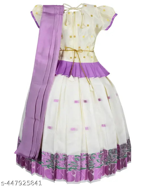 White cotton Kerala Pavada Set with Lavender Bloom, traditional Indian girl's outfit featuring golden zari accents and green floral motifs