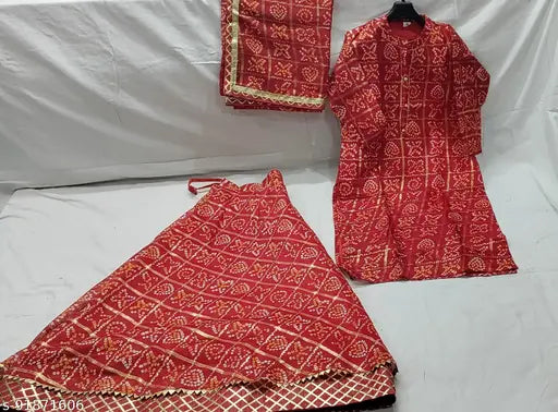 Rajasthani Bandhni Ghadchola Lengha Choli Set - Traditional Indian handcrafted cotton silk kurta with dupatta and bottomwear, vibrant printed pattern, three-quarter sleeves, single set, size S(36), M(38), L(40), XL(42), XXL(44), XXXL(46). Lengha free waist size 44 inches, lengha length 41 inches
