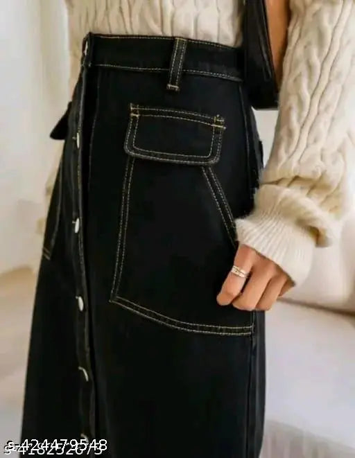 Black denim high-rise waist pocket midi skirt, pure cotton, elastic waist, thigh-high slit, women's pencil bodycon
