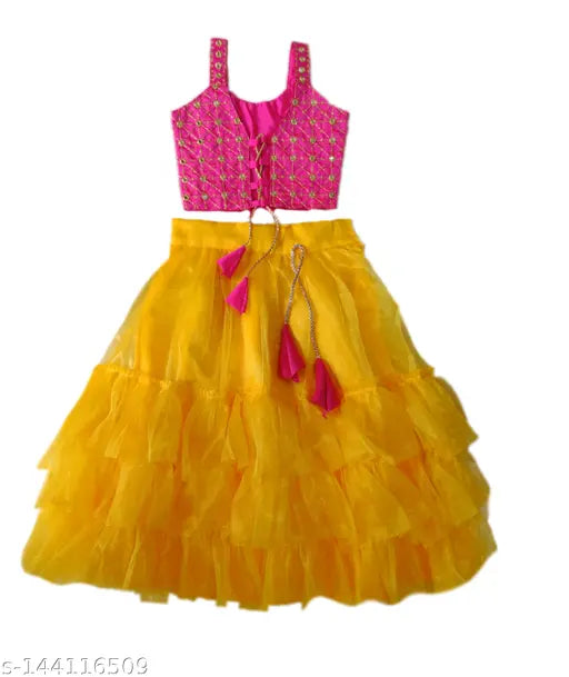 Pink satin & net Lehanga Cholis for kids, embellished scenic stitch design, India-made