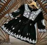 Embroidered net three-quarter sleeve Aagyeyi ensemble kurti, Indian ethnic wear for women