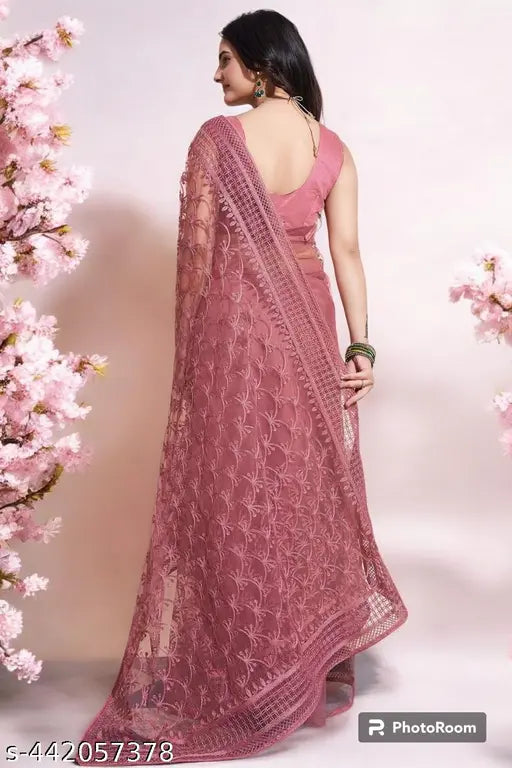 Embroidered Bollywood net saree with unstitched blouse in satin, Indian traditional attire