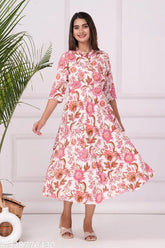 Grey rayon Anarkali Jaipur kurti with three-quarter sleeves and printed combo, women's casual wear. S (Bust 36in, Length 49in), M (Bust 38in, Length 49in), L (Bust 40in, Length 49in). Made in India