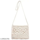 Natural cotton macrame crossbody sling bag, embroidered net design, zipper closure