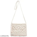 Natural cotton macrame crossbody sling bag, embroidered net design, zipper closure