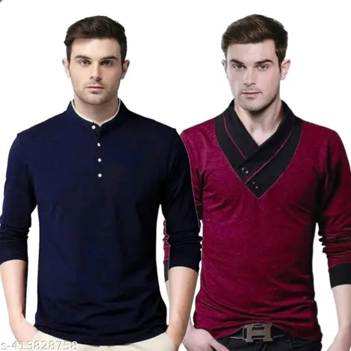 Modern cotton long-sleeved solid t-shirts for men, S-XXL, collar style, made in India
