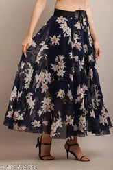 Real Style navy blue flower print skirt, Georgette fabric, printed net pattern, available in sizes 28-34 (waist: 28-34in, length: 40in), India origin