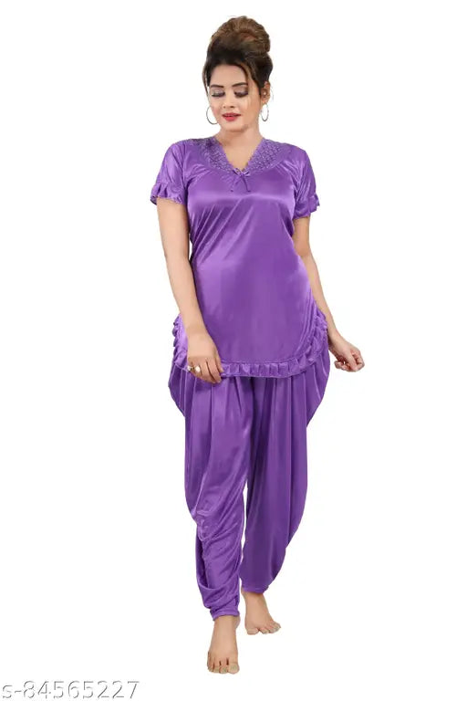 Purple satin dhoti top with short sleeves and lace pattern, free size for women/girls. Made in India