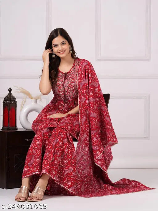 Rayon printed attractive women's kurta set with sharara and dupatta - vibrant Indian traditional outfit in single size XL for special occasions, originating from India