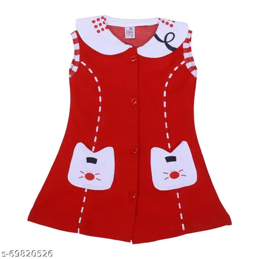 Cotton A-Line knee length dress, printed net pattern in red and navy blue, sleeveless for baby girls 0-6 Months & 12-18 Months, peter pan collar design, ideal for western style playwear from India