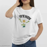 Women's cotton half sleeve white round neck t-shirt with printed flowers, featuring oversized fit and short sleeves