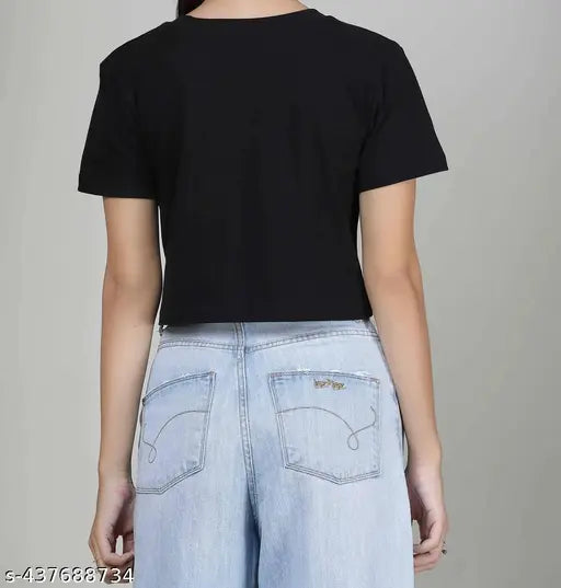 Black polycotton crop top with printed net pattern for women and girls, short sleeves