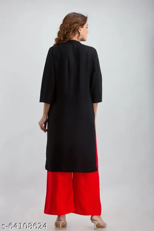 Black rayon kurta with printed net, three-quarter sleeves and red rayon palazzo pants - Indian traditional fashion