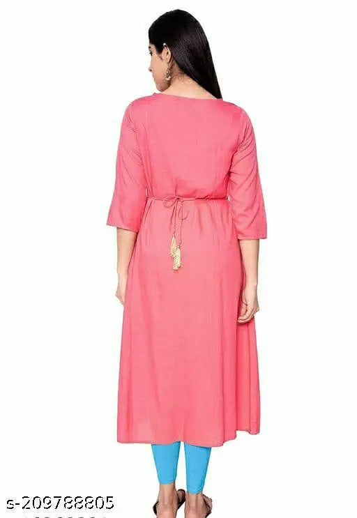 Pink rayon A-line kurta with embroidered pattern, three-quarter sleeves for women, Indian made