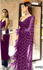 Heavy net sari with gold sequence work and separate silk blouse, checked pattern and freelance lace border, India origin