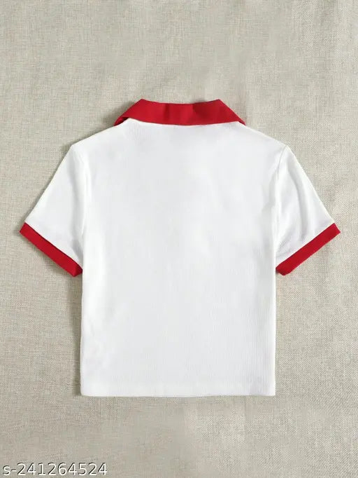 Women's cotton solid collar t-shirt, short sleeves, size L (XS: 34in, 17in; S: 36in, 17in; M: 38in, 18in; L: 40in, 18in; XL: 42in, 19in; XXL: 44in, 20in), made in India