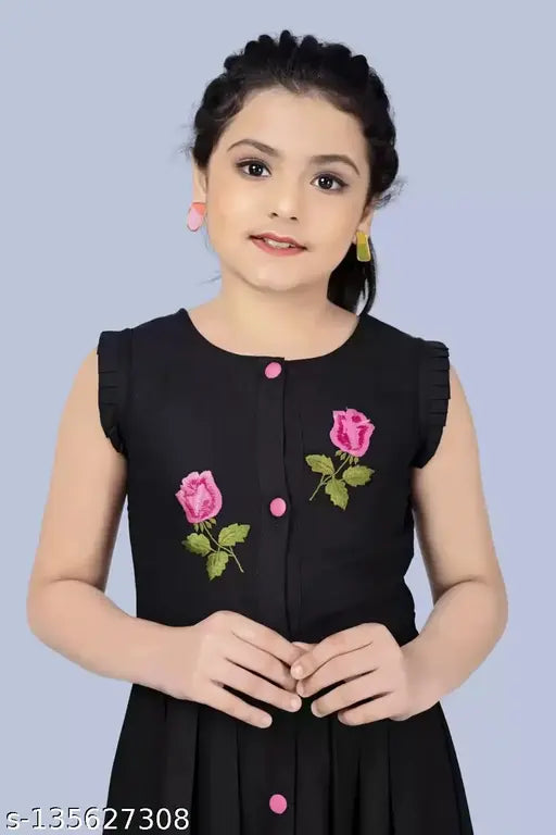 Black embroidered Rayon midi-length party dress for girls aged 9-14 years