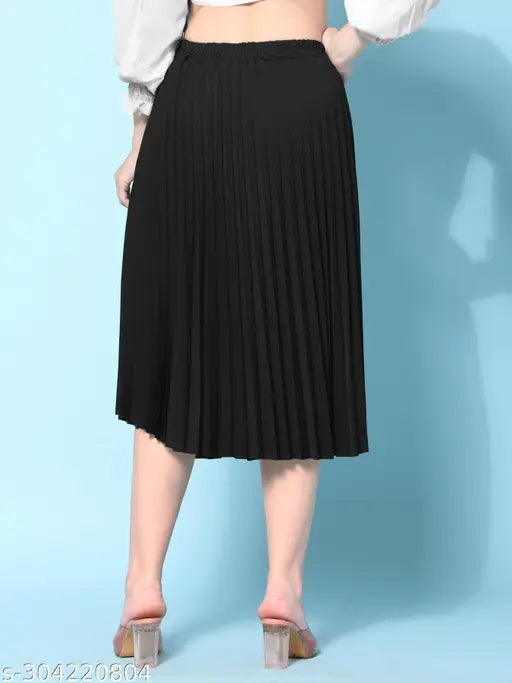 Black crepe pleated midi skirt, trendy hit style for Indian women, elastic waistband, full length, travel-friendly