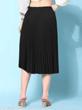 Black crepe pleated midi skirt, trendy hit style for Indian women, elastic waistband, full length, travel-friendly