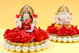 Marble Laxmi-Ganesh idol pair for Diwali Pooja, 9cm each, intricately hand-painted Indian art