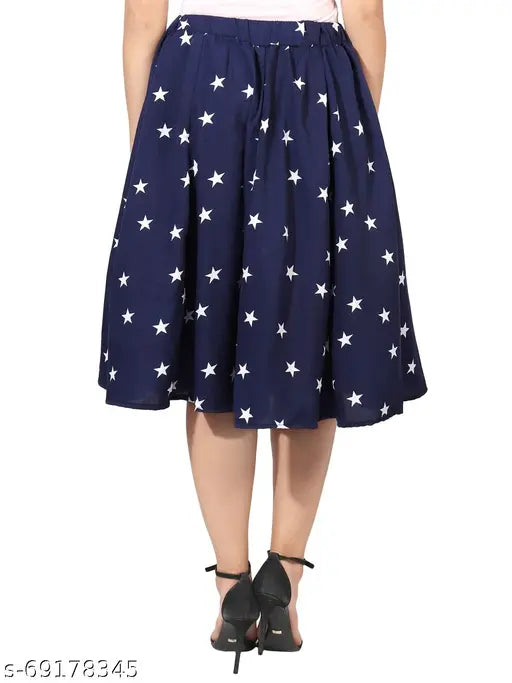 Navy Blue Small Dot Print Mid Calf IBPanel Polyester Skirt Combo for Women - Flared style with crepe fabric, available in sizes 26, 28, 30, 32, and 34