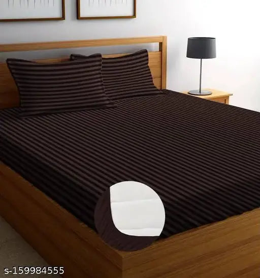 Brown striped elasticated fitted Trance Home Linen cotton bedsheet set, includes 2 pillow covers (78x72+10 inches)