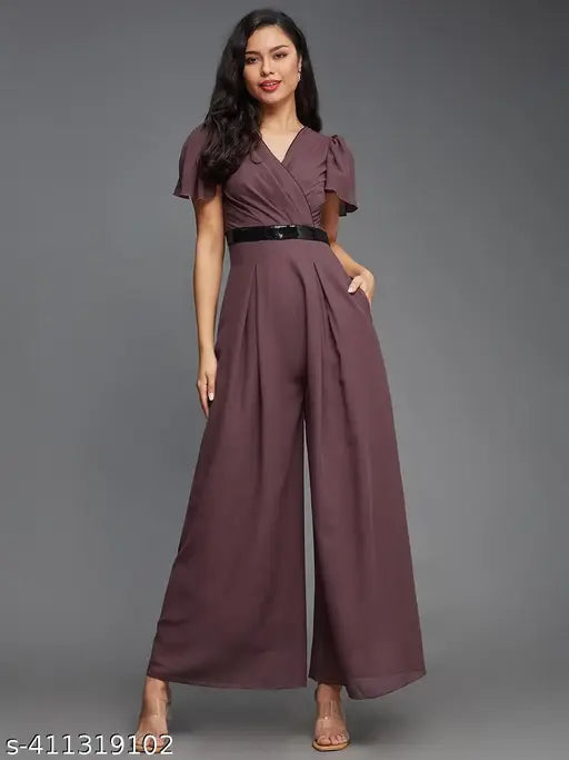 Mauve Georgette relaxed fit V-neck jumpsuit with short sleeves, zip closure and slit pocket