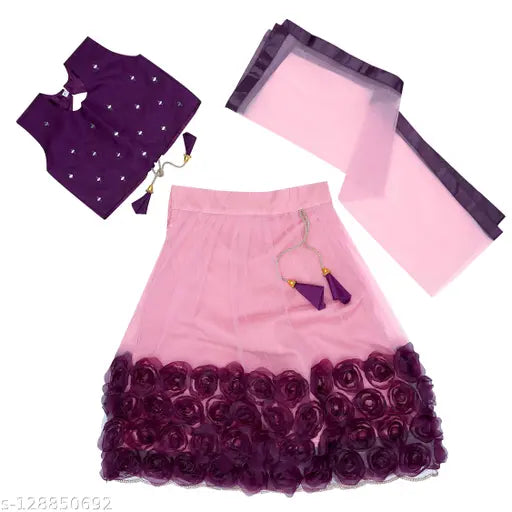 Embroidered satin lehenga-choli set in net fabric, Indian traditional outfit for girls aged 2-9 years, sleeveless and lace-patterned dupatta