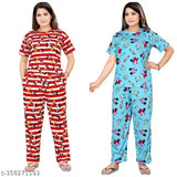 Striped polycotton printed top & pyjama night suit for women (S-XXXL), India origin