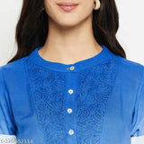 Ombre blue rayon embroidered top for women, short sleeves, solid pattern, made in India