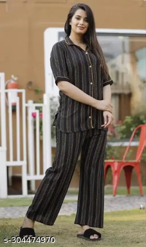 Black striped rayon nightgown set for women, stylish lounging and sleeping wear, available in sizes S-4XL