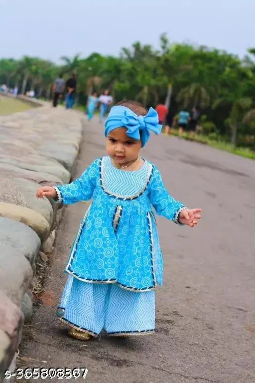 Blue pure cotton Sanganeri printed kurti sharara set for baby girls, traditional Indian outfit with A-line top and above knee length