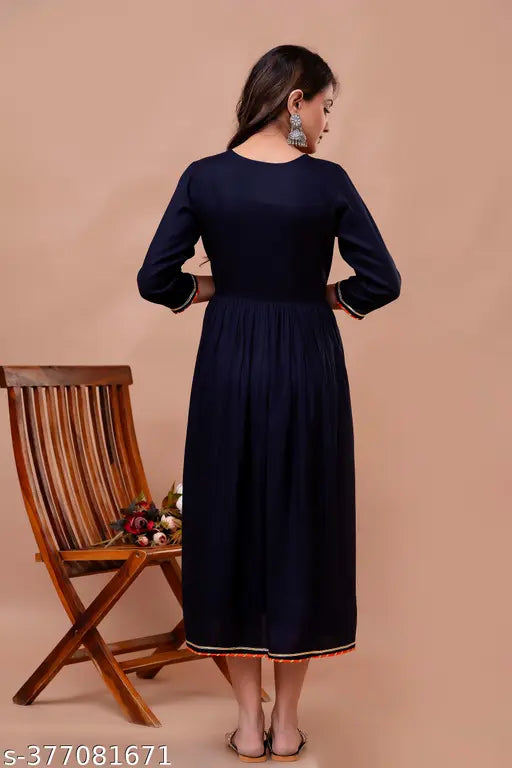 Embroidered rayon Anarkali Kurta in various sizes (S-50), Indian traditional three-quarter sleeve dress with intricate patterns