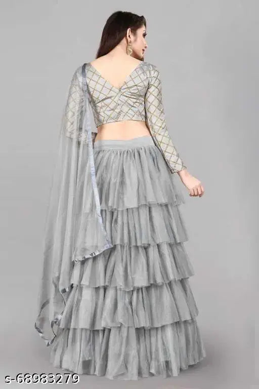 Silk blend and net Sami-stitched Lehenga with lace dupatta, free size, 34in waist, 37in length
