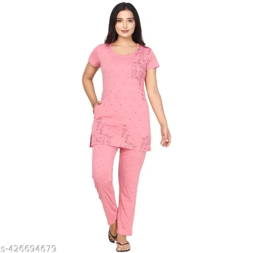 Summer printed polycotton nightsuit for women & girls, loose-fitted, round neck, super soft, no fade or shrinkage