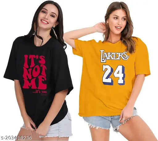 Cotton-blend oversize printed combo T-shirts (pack of 2) - plus size available, fashionable women's clothing with short sleeves