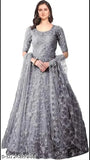 Gorgeous gray embroidered net semi-stitch woman gown with short sleeves, high quality Indian craftsmanship