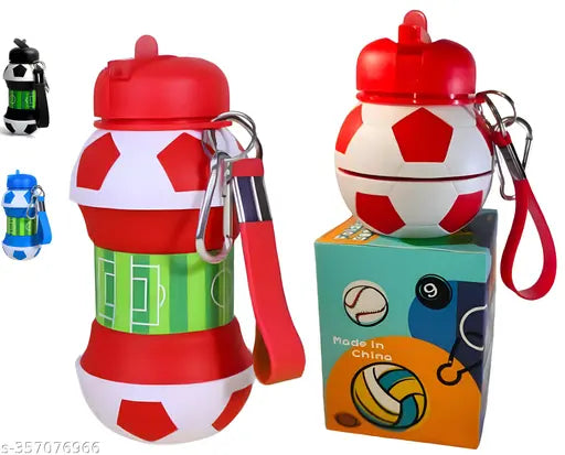 Red silicone collapsible kids' water bottle - 500ML, football-inspired design, BPA free, leakproof, unbreakable, and compact for active school life
