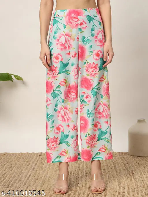 Pink cotton blend A-Line kurta set with palazzos, featuring intricate floral prints, India origin