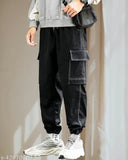 High-quality black men's Lycra cargos, trendy fit and self design pattern, lightweight workwear for sporty looks